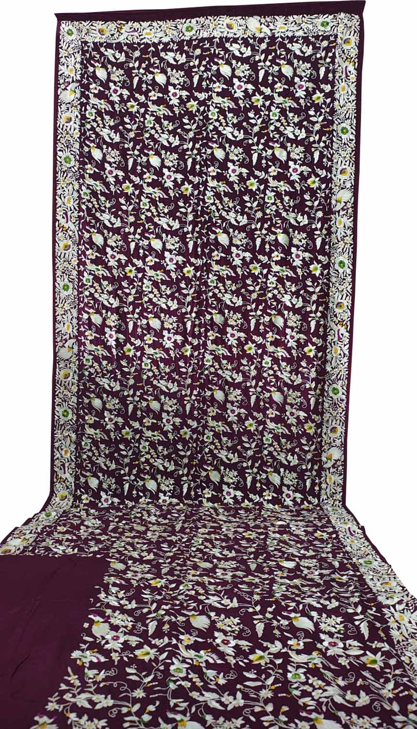 Purple Pure Crepe Parsi Hand Embroidered Flower Design Saree - Luxurion World