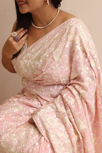 Pink Hand Embroidered Parsi Gara Crepe Flower Design Saree - Luxurion World