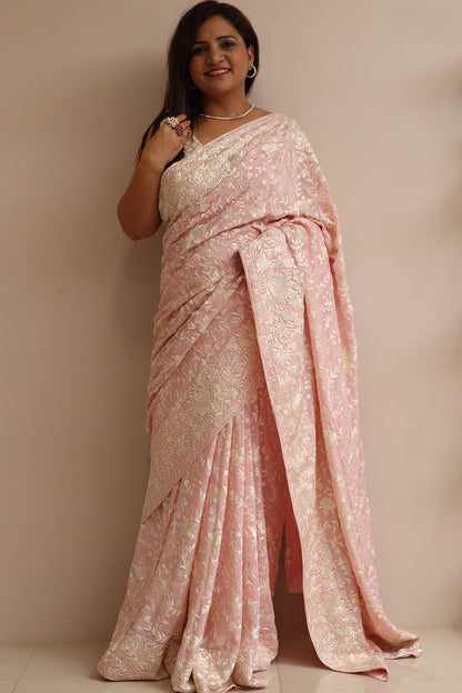 Pink Hand Embroidered Parsi Gara Crepe Flower Design Saree - Luxurion World