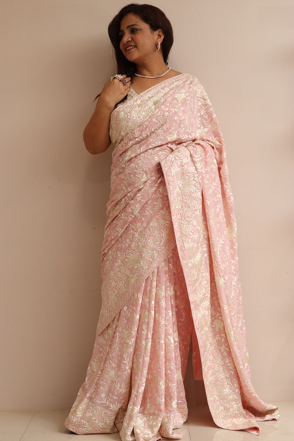 Pink Hand Embroidered Parsi Gara Crepe Flower Design Saree - Luxurion World