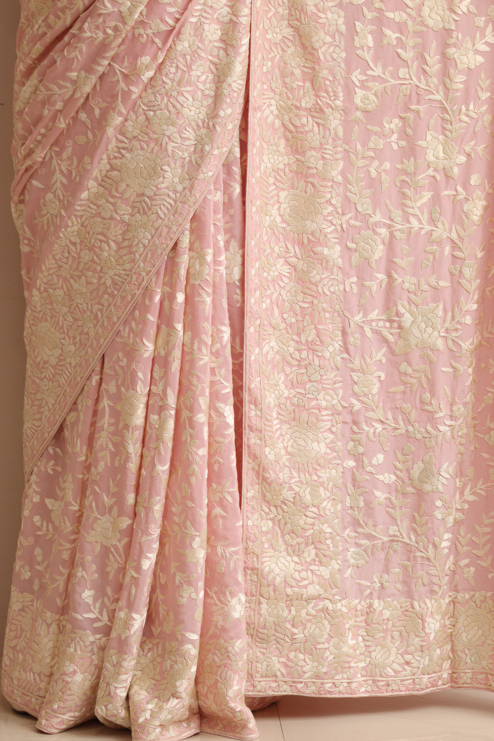 Pink Hand Embroidered Parsi Gara Crepe Flower Design Saree - Luxurion World