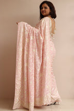 Pink Hand Embroidered Parsi Gara Crepe Flower Design Saree - Luxurion World