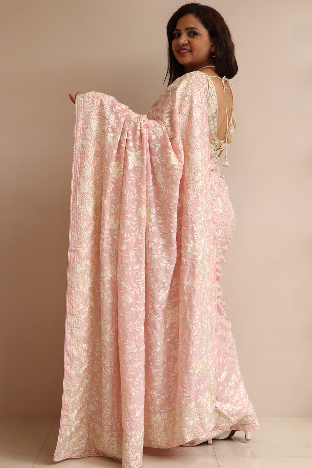 Pink Hand Embroidered Parsi Gara Crepe Flower Design Saree - Luxurion World