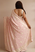 Pink Hand Embroidered Parsi Gara Crepe Flower Design Saree - Luxurion World