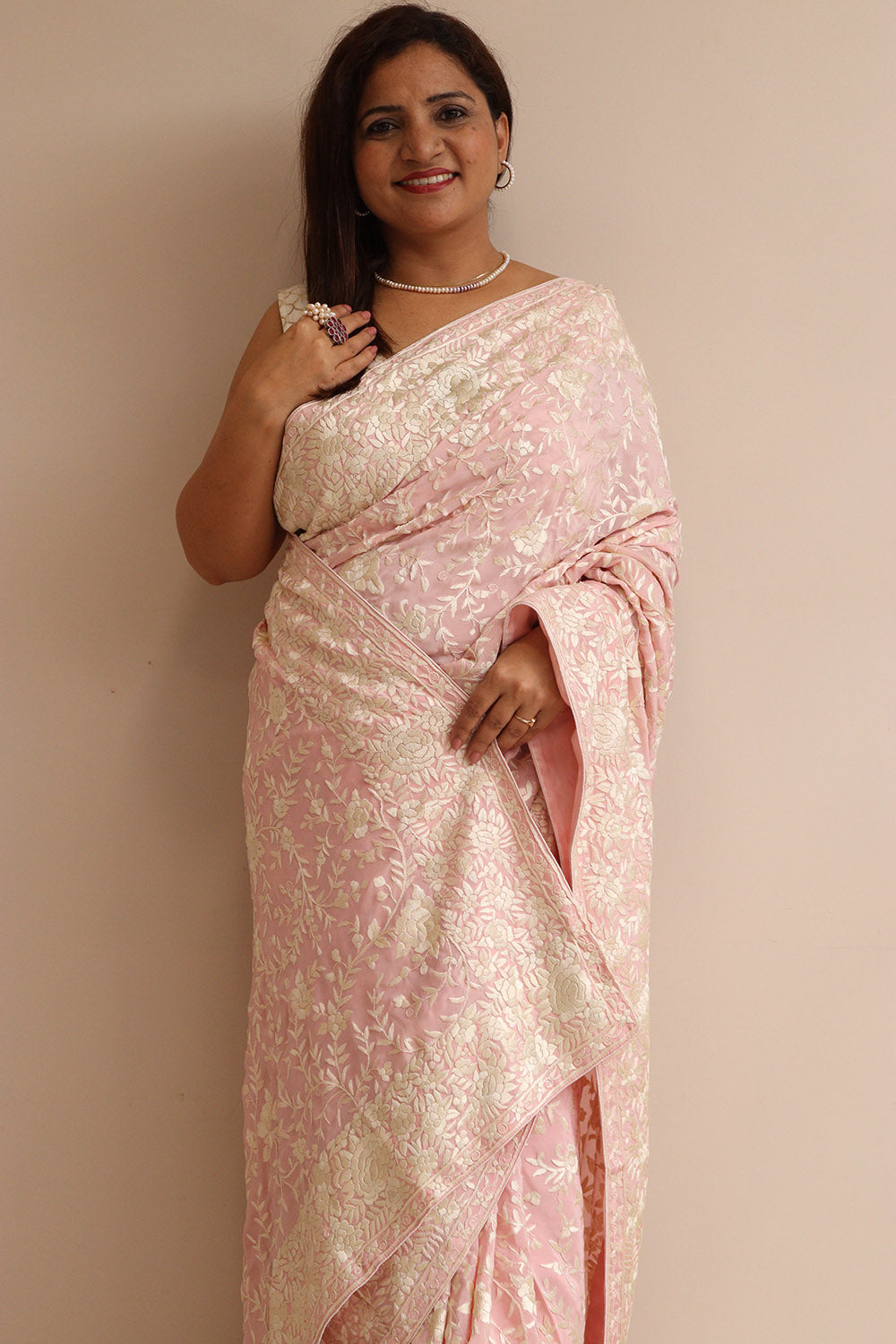Pink Hand Embroidered Parsi Gara Crepe Flower Design Saree - Luxurion World