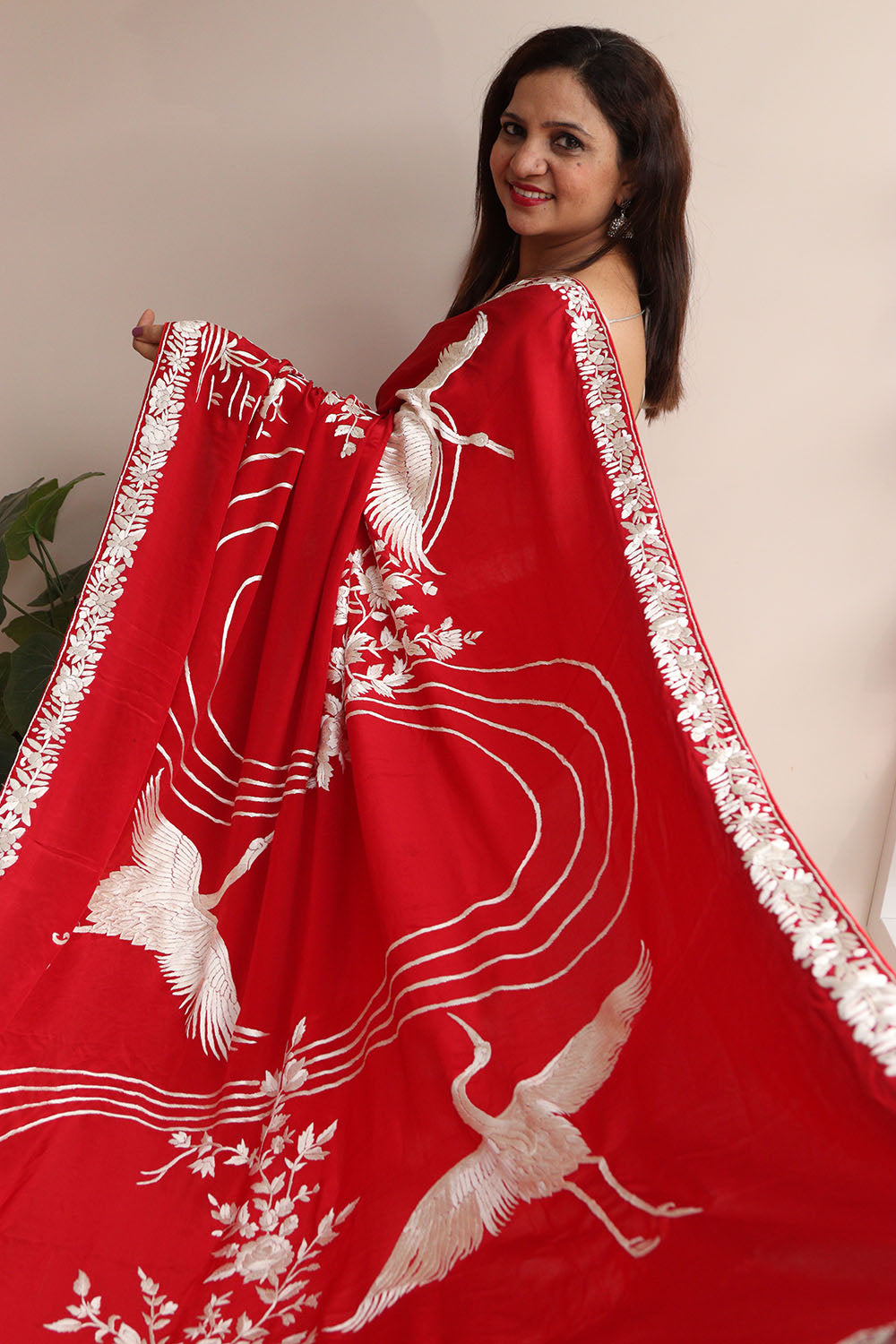 Red Pure Crepe Parsi Hand Embroidered Flower And Bird Design Saree - Luxurion World