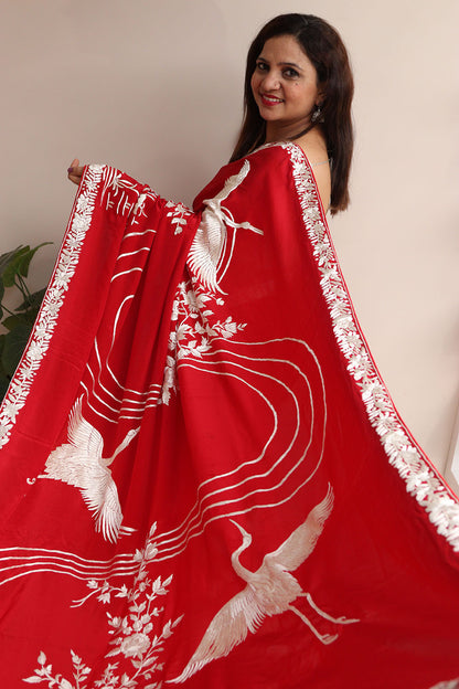 Red Pure Crepe Parsi Hand Embroidered Flower And Bird Design Saree - Luxurion World