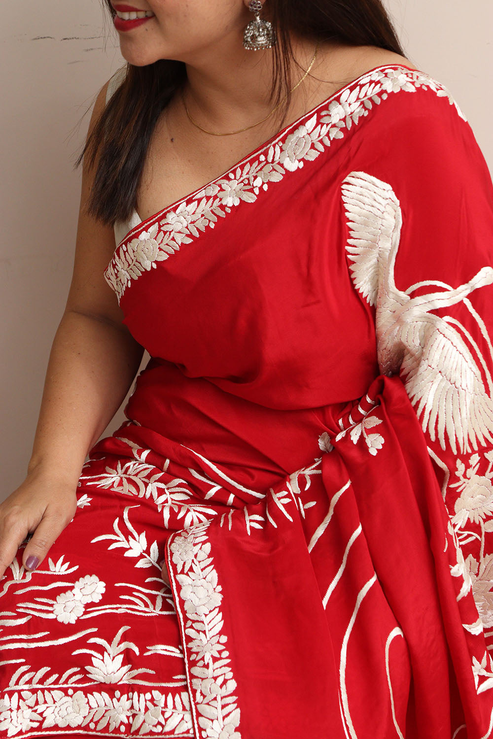 Red Pure Crepe Parsi Hand Embroidered Flower And Bird Design Saree - Luxurion World