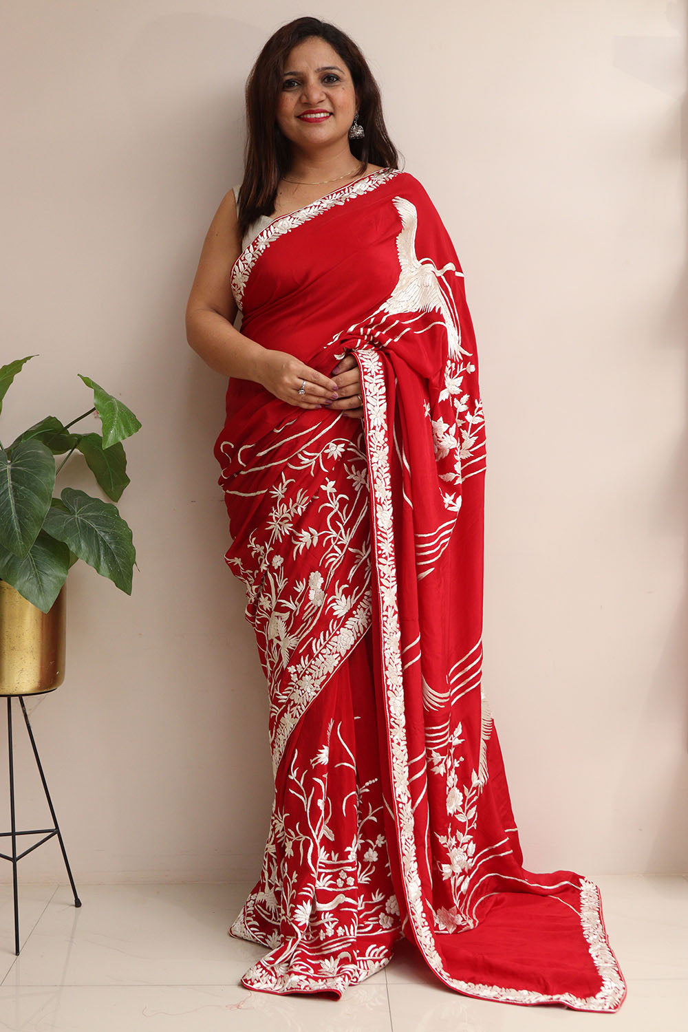 Red Pure Crepe Parsi Hand Embroidered Flower And Bird Design Saree - Luxurion World