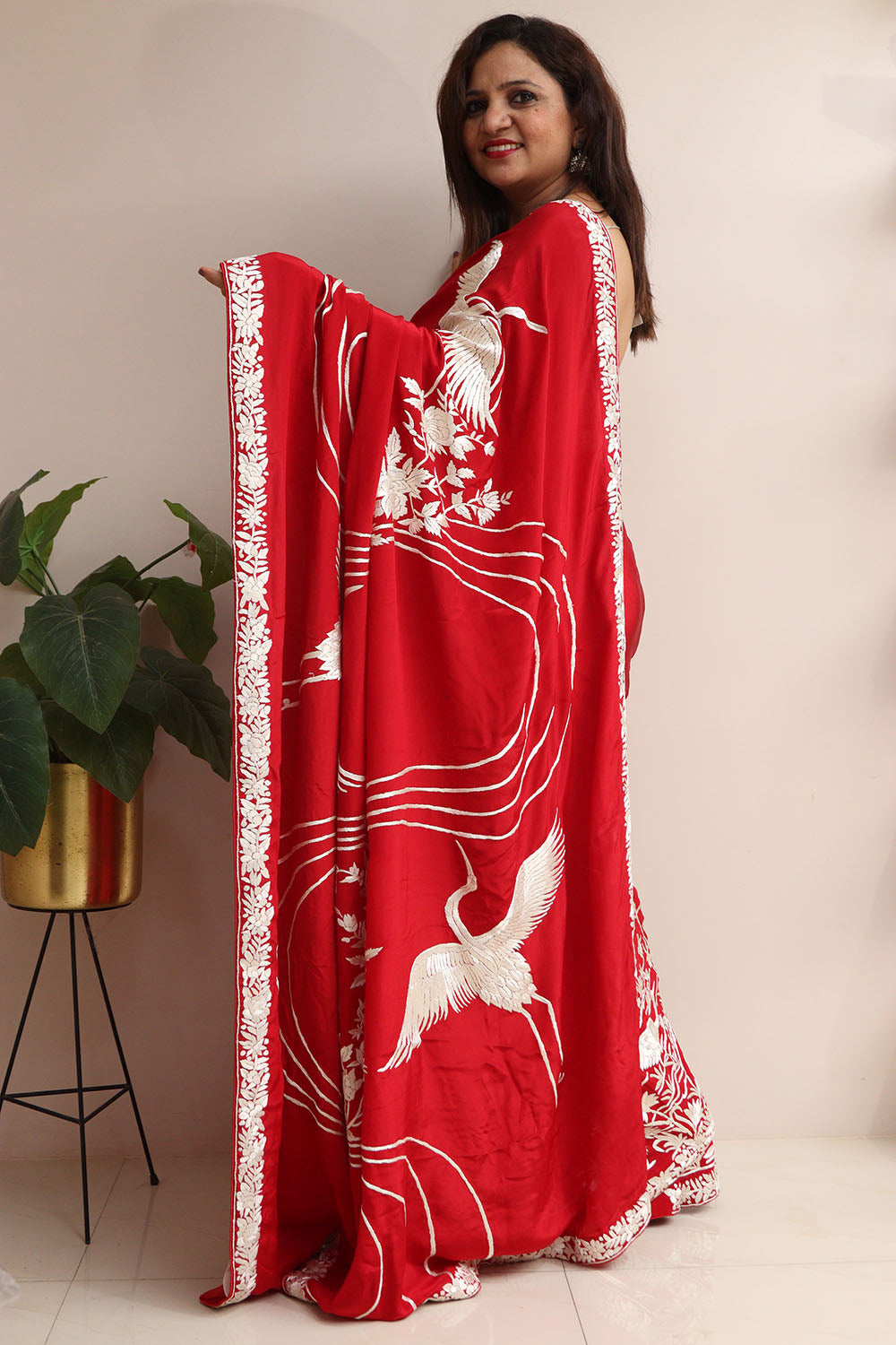 Red Pure Crepe Parsi Hand Embroidered Flower And Bird Design Saree - Luxurion World