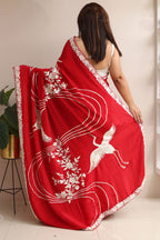 Red Pure Crepe Parsi Hand Embroidered Flower And Bird Design Saree - Luxurion World