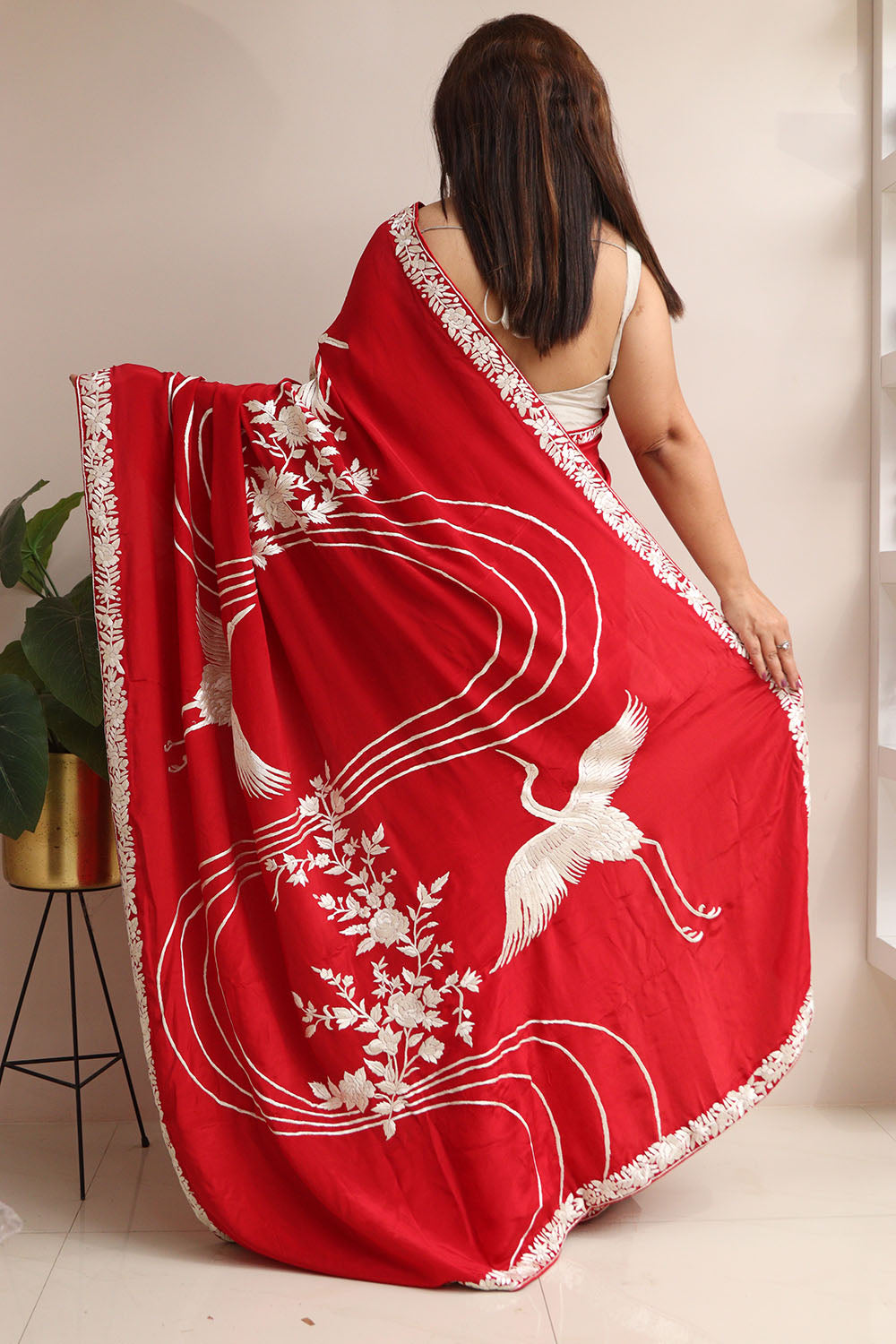 Red Pure Crepe Parsi Hand Embroidered Flower And Bird Design Saree - Luxurion World