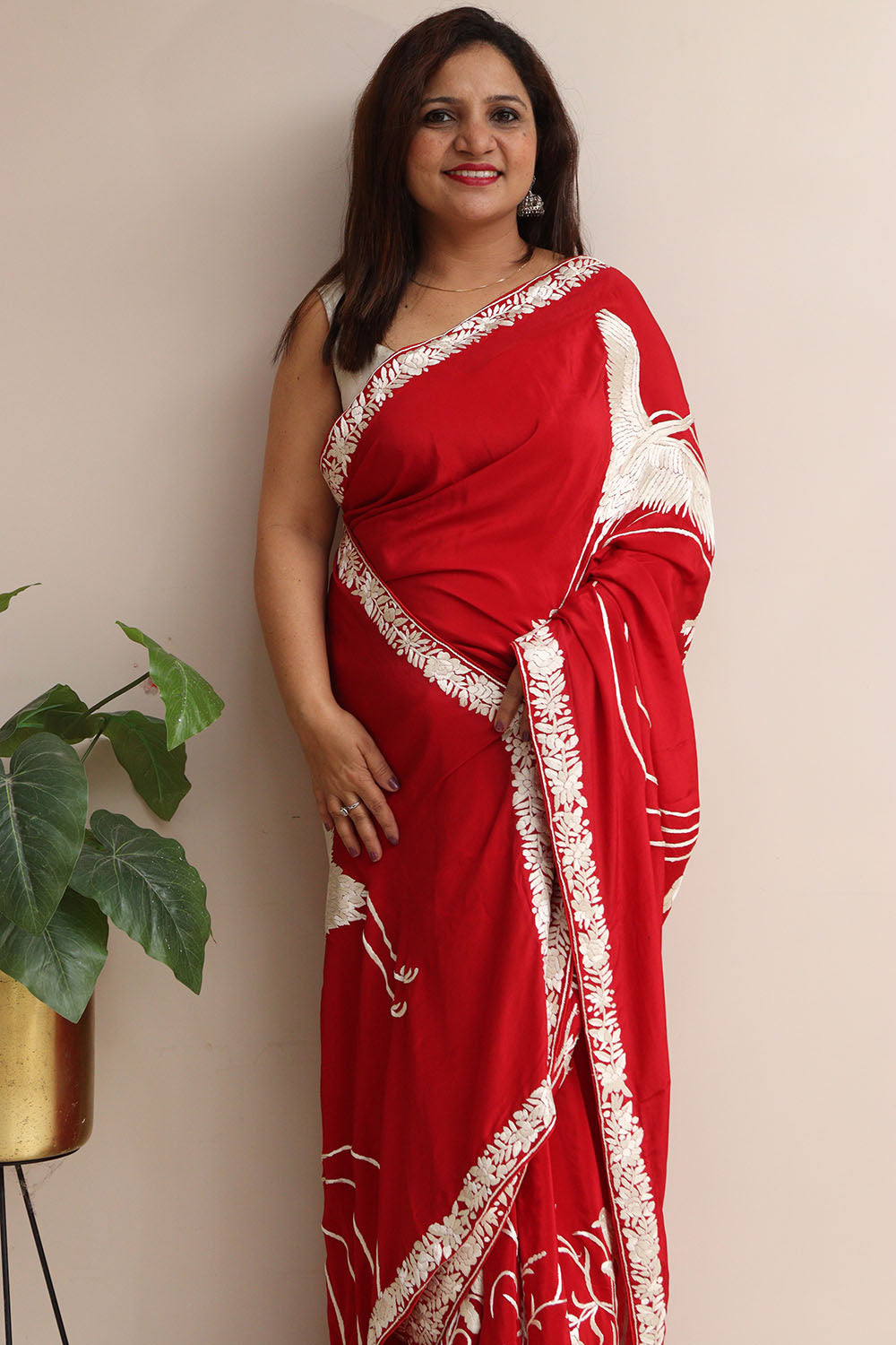 Red Pure Crepe Parsi Hand Embroidered Flower And Bird Design Saree - Luxurion World