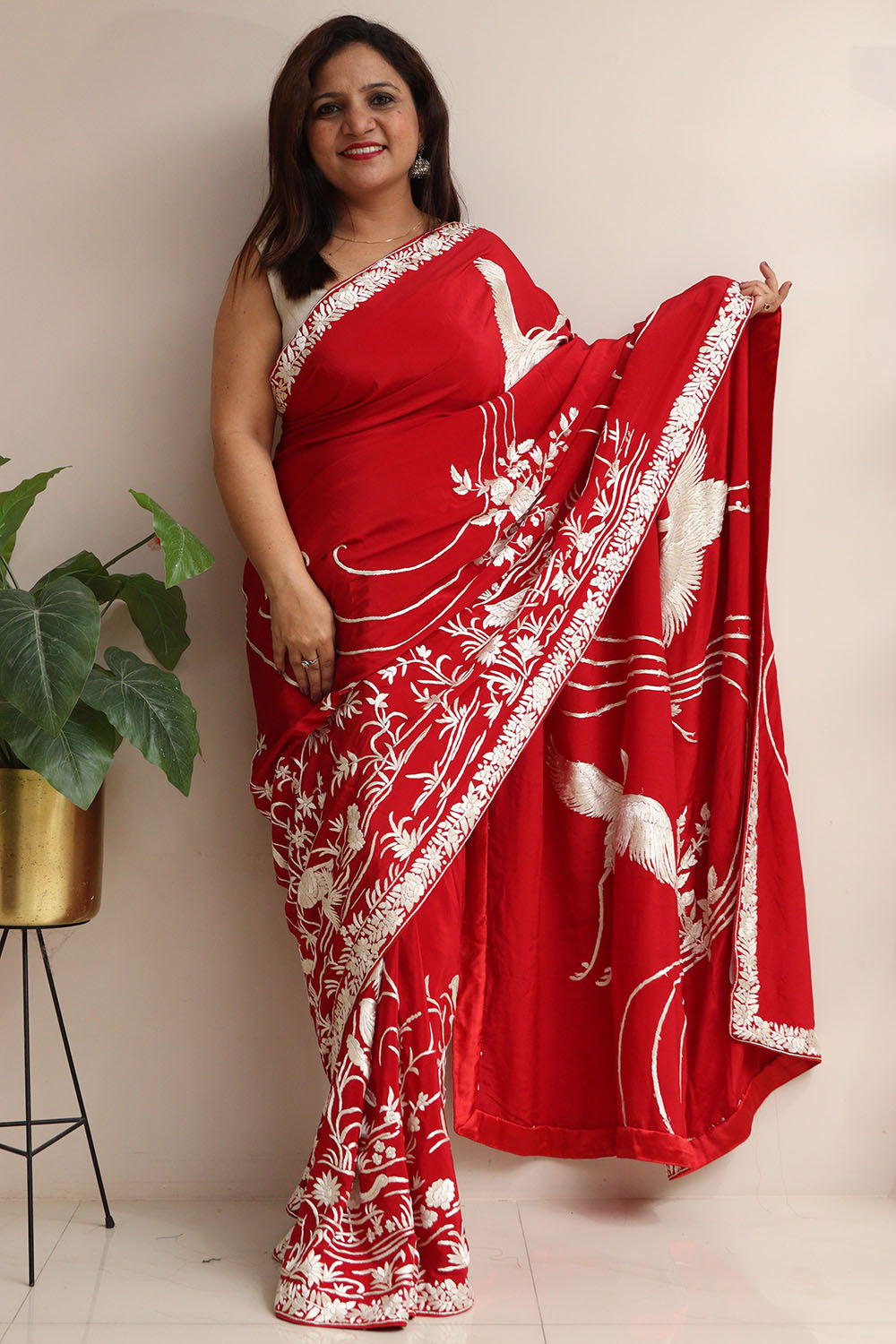 Red Pure Crepe Parsi Hand Embroidered Flower And Bird Design Saree - Luxurion World