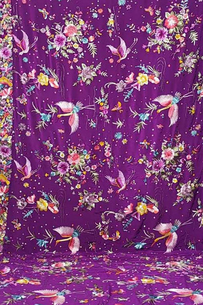 Purple Pure Crepe Parsi Hand Embroidered Flower And Flower Design Saree - Luxurion World