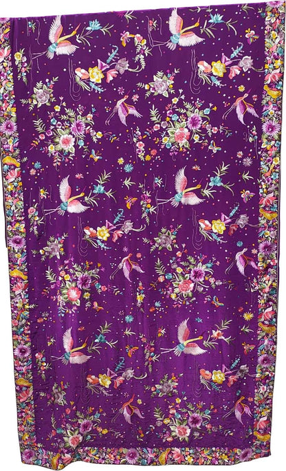 Purple Pure Crepe Parsi Hand Embroidered Flower And Flower Design Saree - Luxurion World