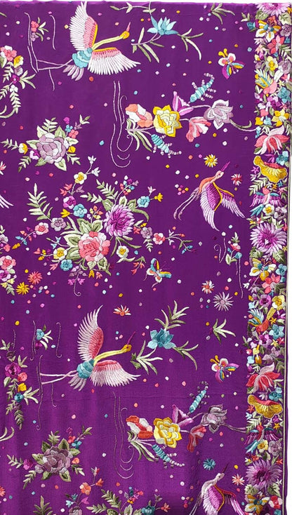 Purple Pure Crepe Parsi Hand Embroidered Flower And Flower Design Saree - Luxurion World