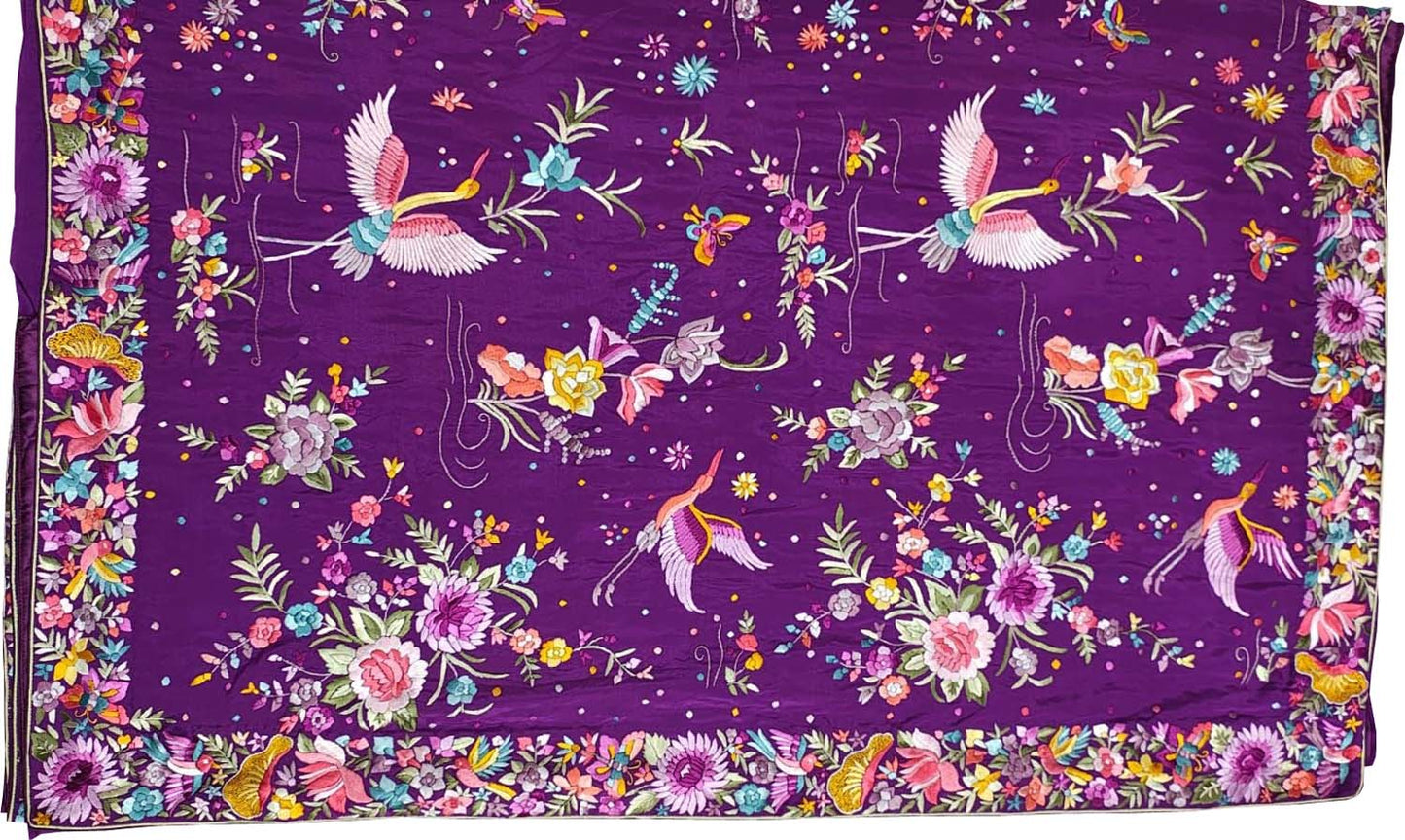 Purple Pure Crepe Parsi Hand Embroidered Flower And Flower Design Saree - Luxurion World