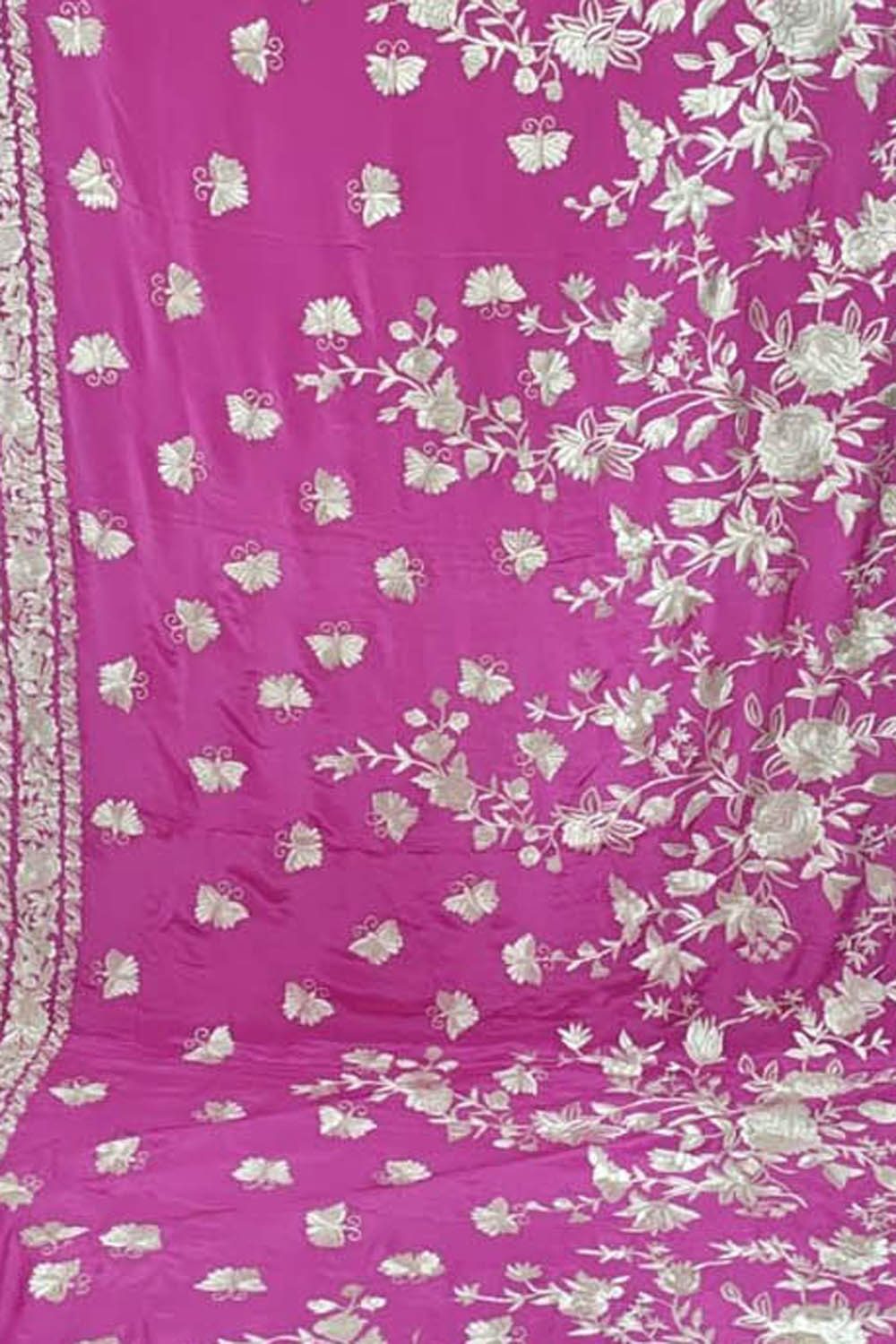 Pink Pure Crepe Parsi Hand Embroidered Flower Design Saree - Luxurion World