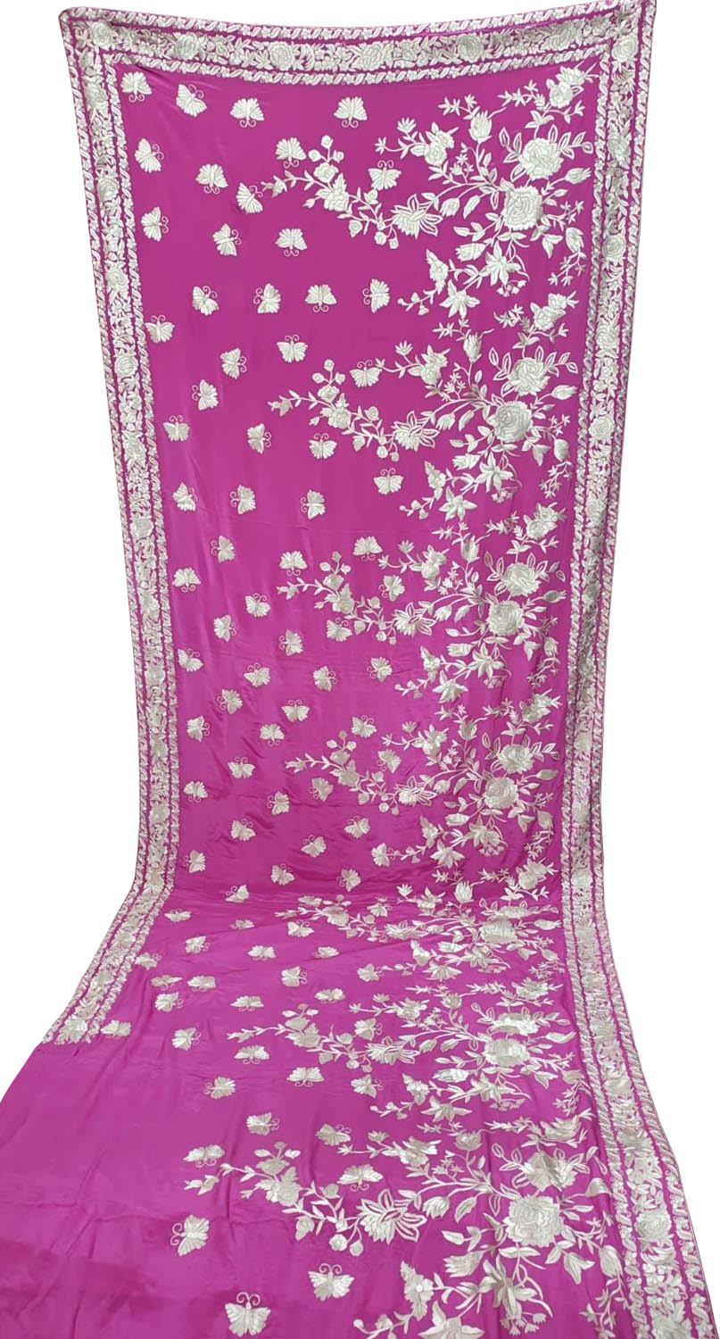 Pink Pure Crepe Parsi Hand Embroidered Flower Design Saree - Luxurion World