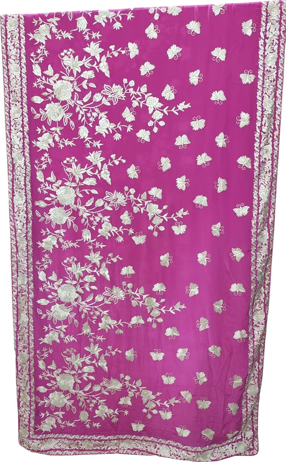 Pink Pure Crepe Parsi Hand Embroidered Flower Design Saree - Luxurion World