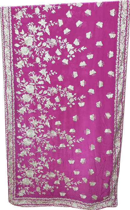 Pink Pure Crepe Parsi Hand Embroidered Flower Design Saree - Luxurion World