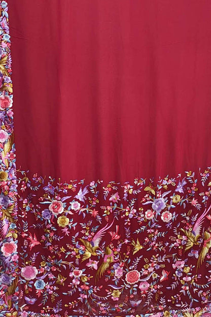 Red Pure Georgette Parsi Hand Embroidered Flower Design Saree - Luxurion World