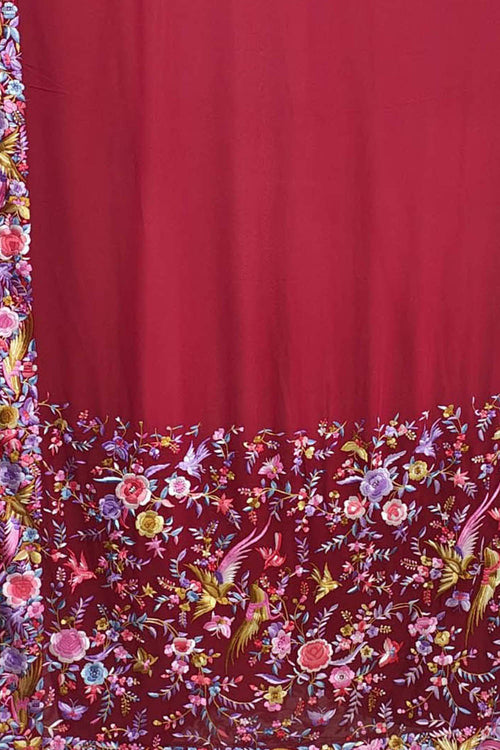 Red Pure Georgette Parsi Hand Embroidered Flower Design Saree - Luxurion World