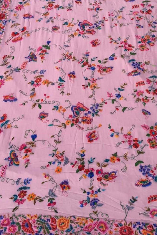 Pink Pure Georgette Parsi Hand Embroidered Flower Design French Knot Work Saree - Luxurion World