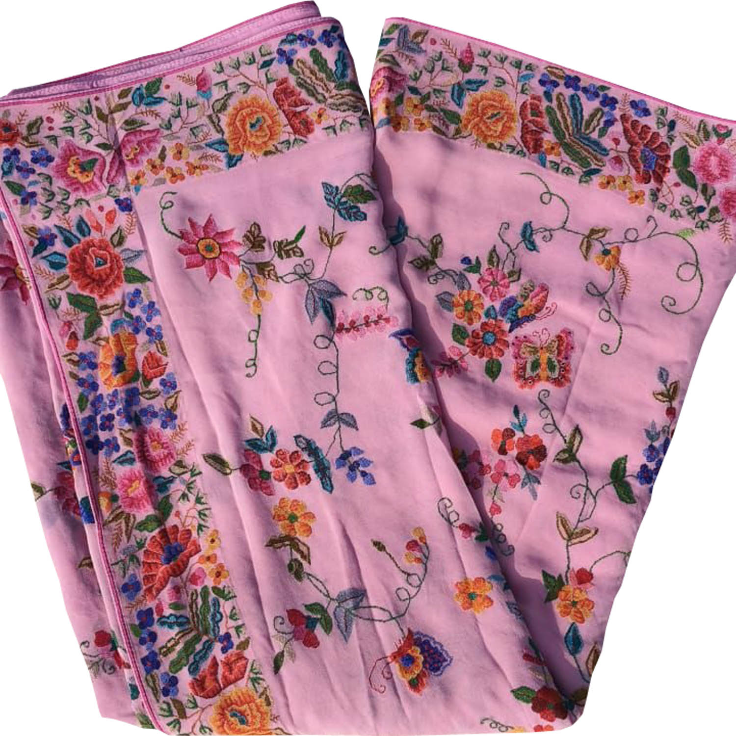 Pink Pure Georgette Parsi Hand Embroidered Flower Design French Knot Work Saree - Luxurion World