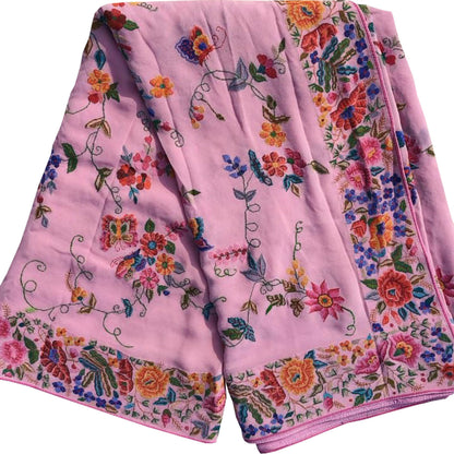 Pink Pure Georgette Parsi Hand Embroidered Flower Design Saree - Luxurion World