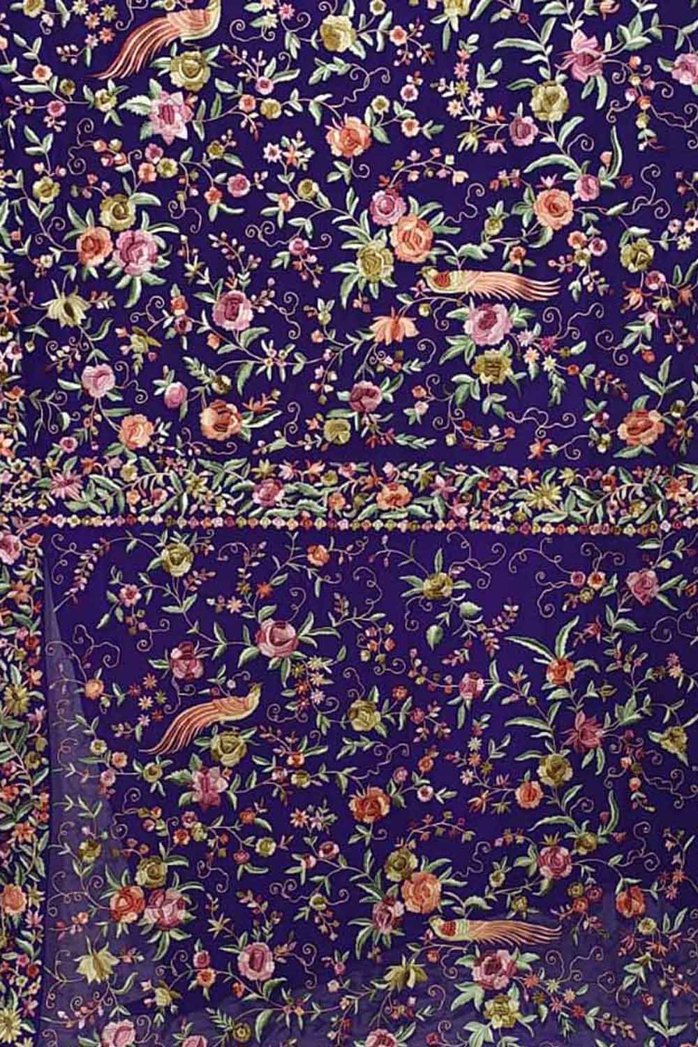 Blue Pure Georgette Parsi Hand Embroidered Bird And Flower Design Saree - Luxurion World