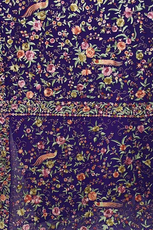 Blue Pure Georgette Parsi Hand Embroidered Bird And Flower Design Saree - Luxurion World