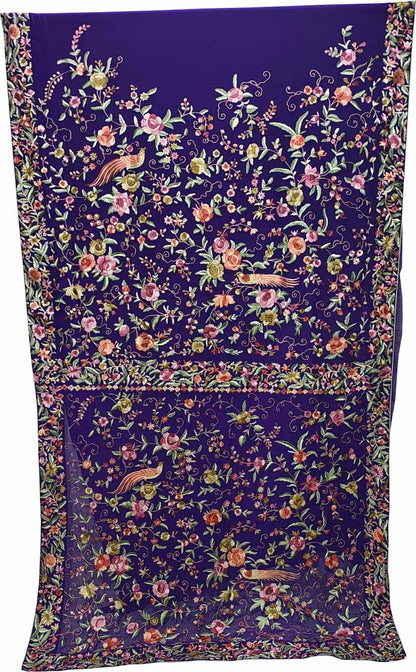 Blue Pure Georgette Parsi Hand Embroidered Bird And Flower Design Saree - Luxurion World