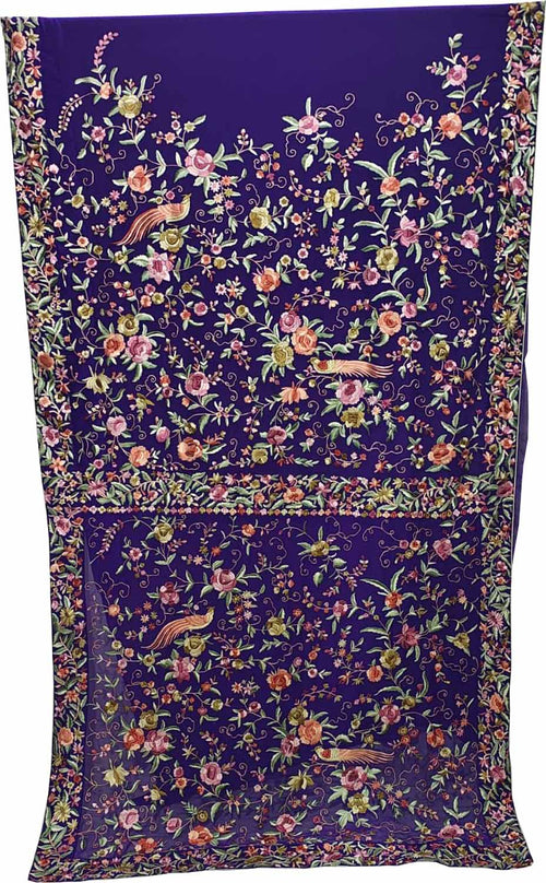 Blue Pure Georgette Parsi Hand Embroidered Bird And Flower Design Saree - Luxurion World
