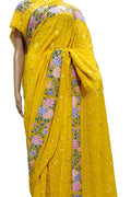 Yellow Pure Georgette Parsi Hand Embroidered Flower Design French Knot Work Saree - Luxurion World