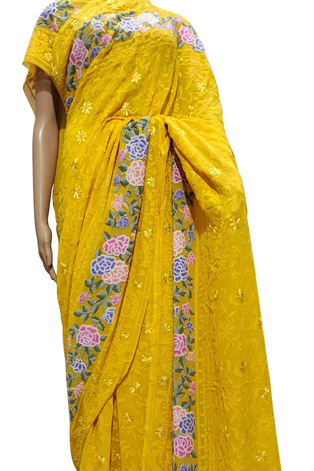 Yellow Pure Georgette Parsi Hand Embroidered Flower Design French Knot Work Saree - Luxurion World