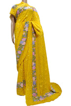 Yellow Pure Georgette Parsi Hand Embroidered Flower Design French Knot Work Saree - Luxurion World