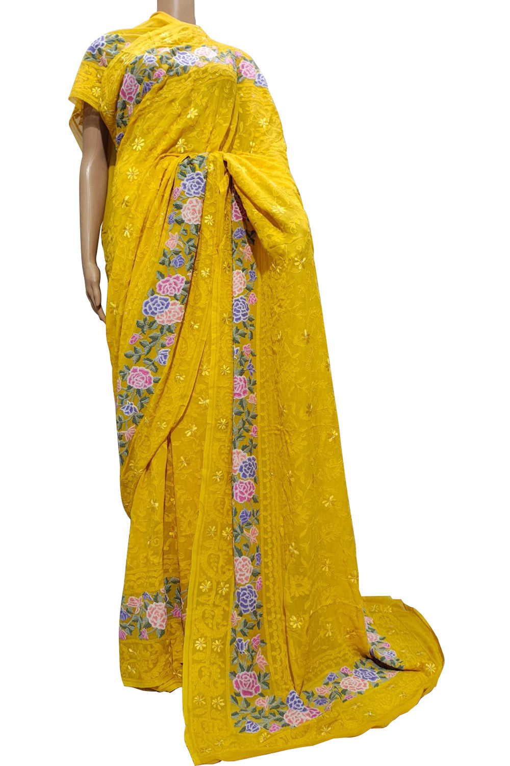 Yellow Pure Georgette Parsi Hand Embroidered Flower Design French Knot Work Saree - Luxurion World