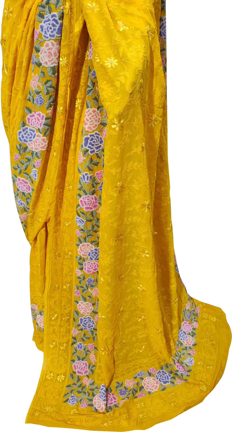 Yellow Pure Georgette Parsi Hand Embroidered Flower Design Saree - Luxurion World