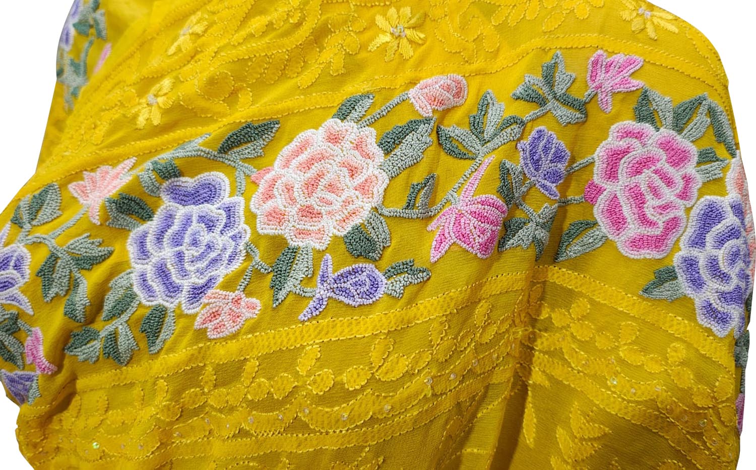 Yellow Pure Georgette Parsi Hand Embroidered Flower Design French Knot Work Saree - Luxurion World