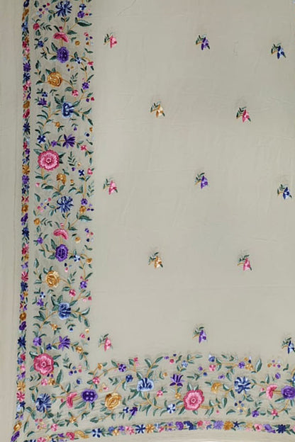 Off White Pure Georgette Parsi Hand Embroidered Flower Design Saree - Luxurion World