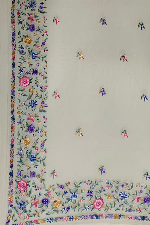 Off White Pure Georgette Parsi Hand Embroidered Flower Design Saree - Luxurion World