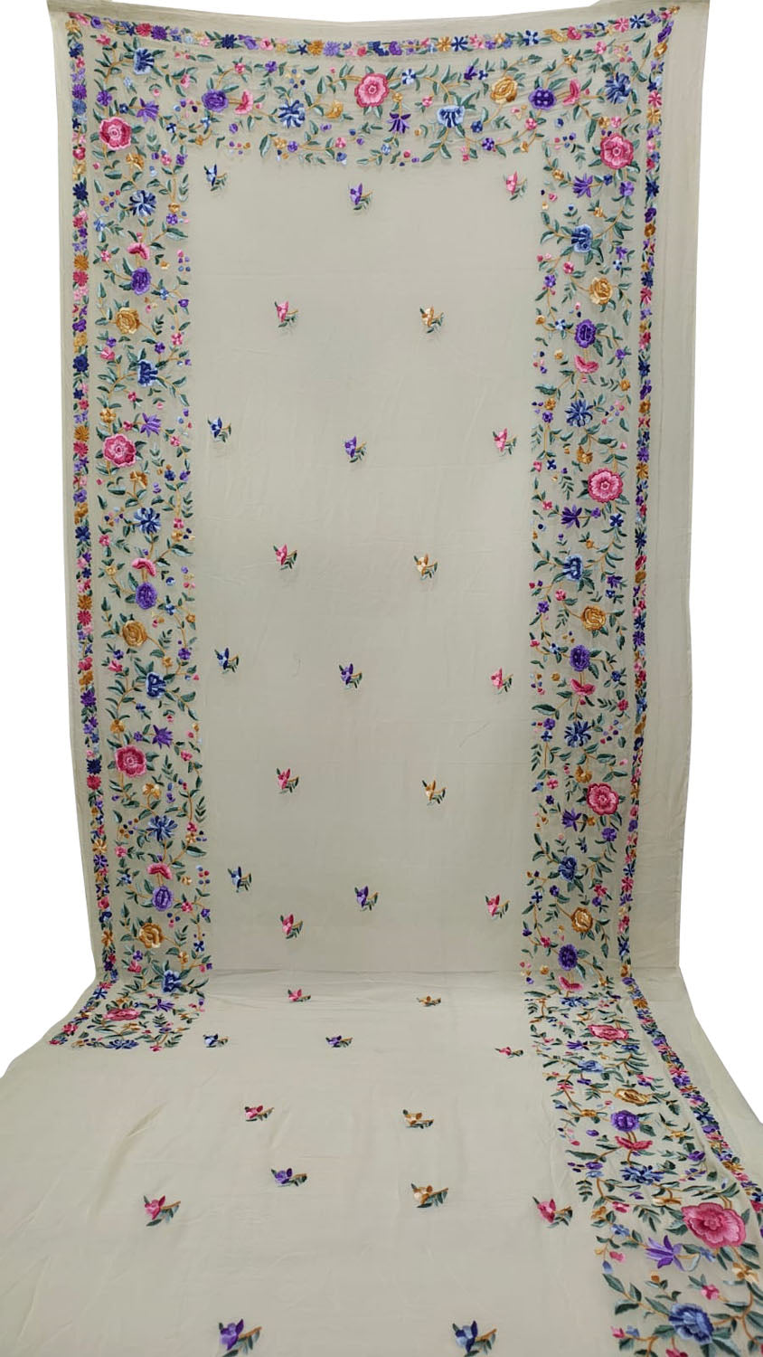 Off White Pure Georgette Parsi Hand Embroidered Flower Design Saree - Luxurion World