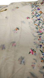 Off White Pure Georgette Parsi Hand Embroidered Flower Design Saree - Luxurion World