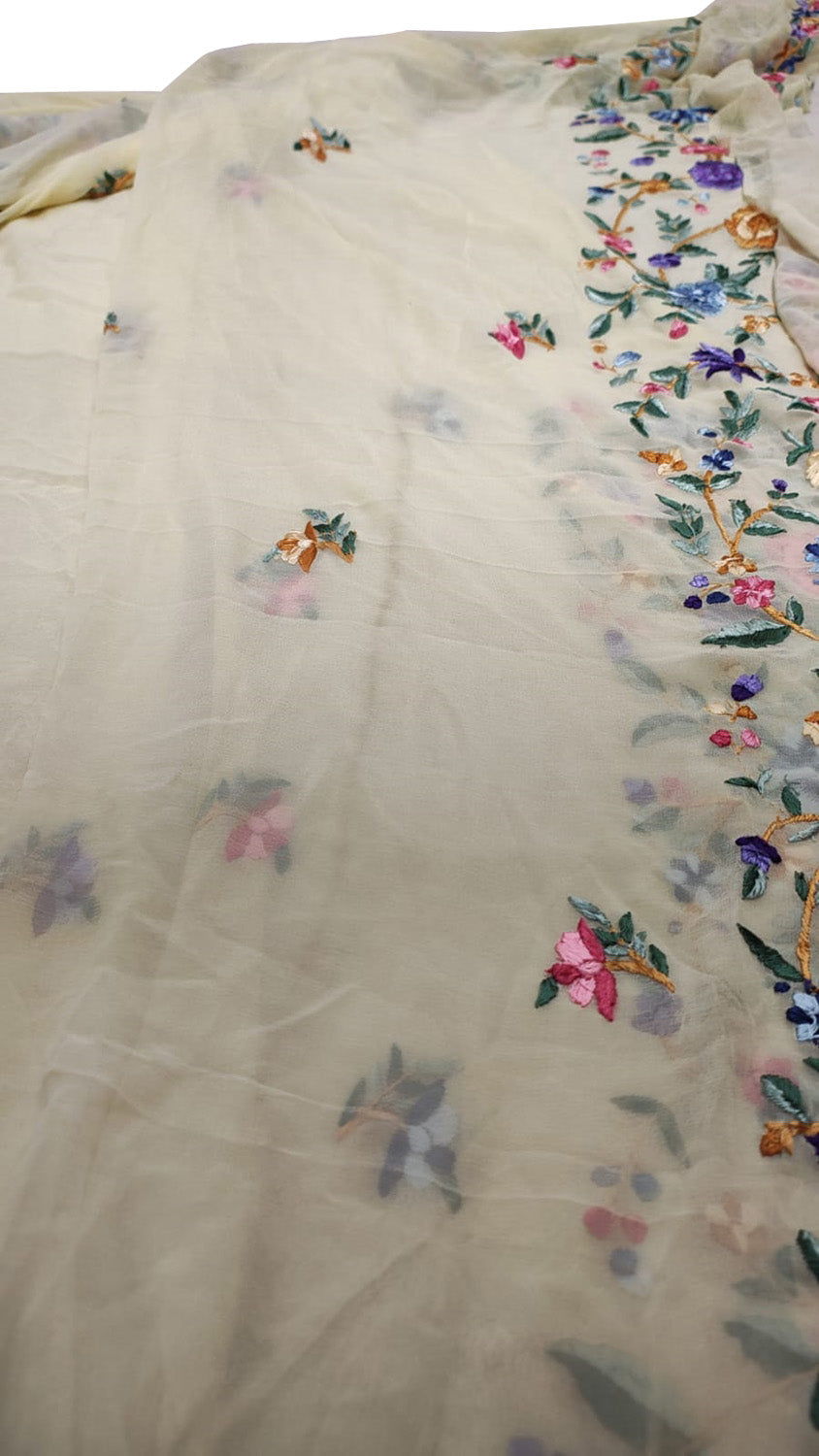 Off White Pure Georgette Parsi Hand Embroidered Flower Design Saree - Luxurion World