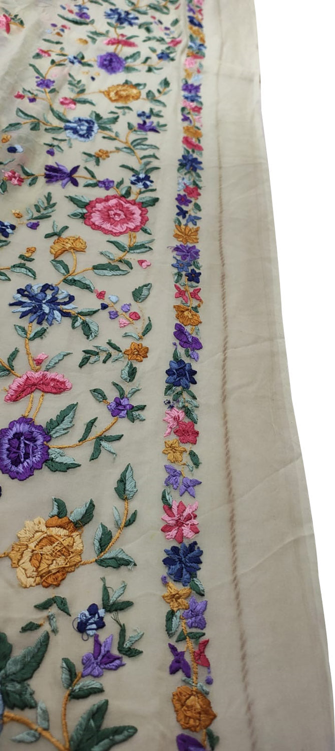 Off White Pure Georgette Parsi Hand Embroidered Flower Design Saree - Luxurion World