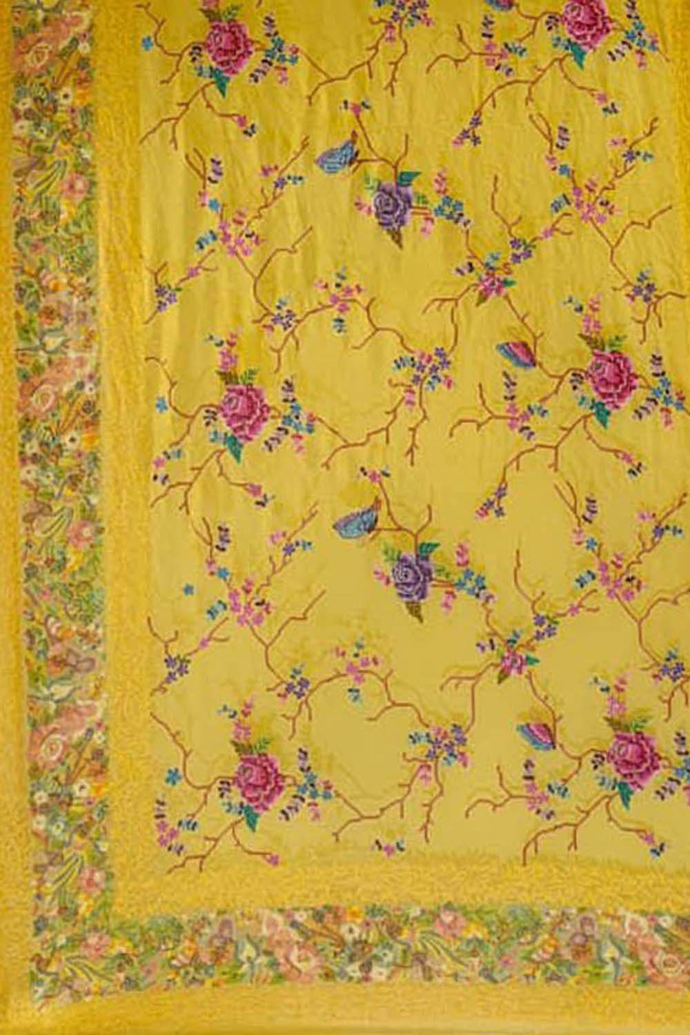 Yellow Pure Georgette Parsi Hand Embroidered Flower Design French Knot Work Saree - Luxurion World