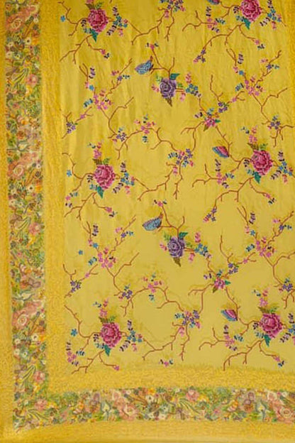 Yellow Pure Georgette Parsi Hand Embroidered Flower Design Saree - Luxurion World