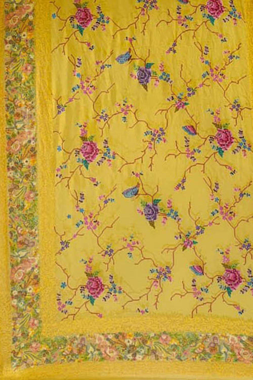 Yellow Pure Georgette Parsi Hand Embroidered Flower Design French Knot Work Saree - Luxurion World